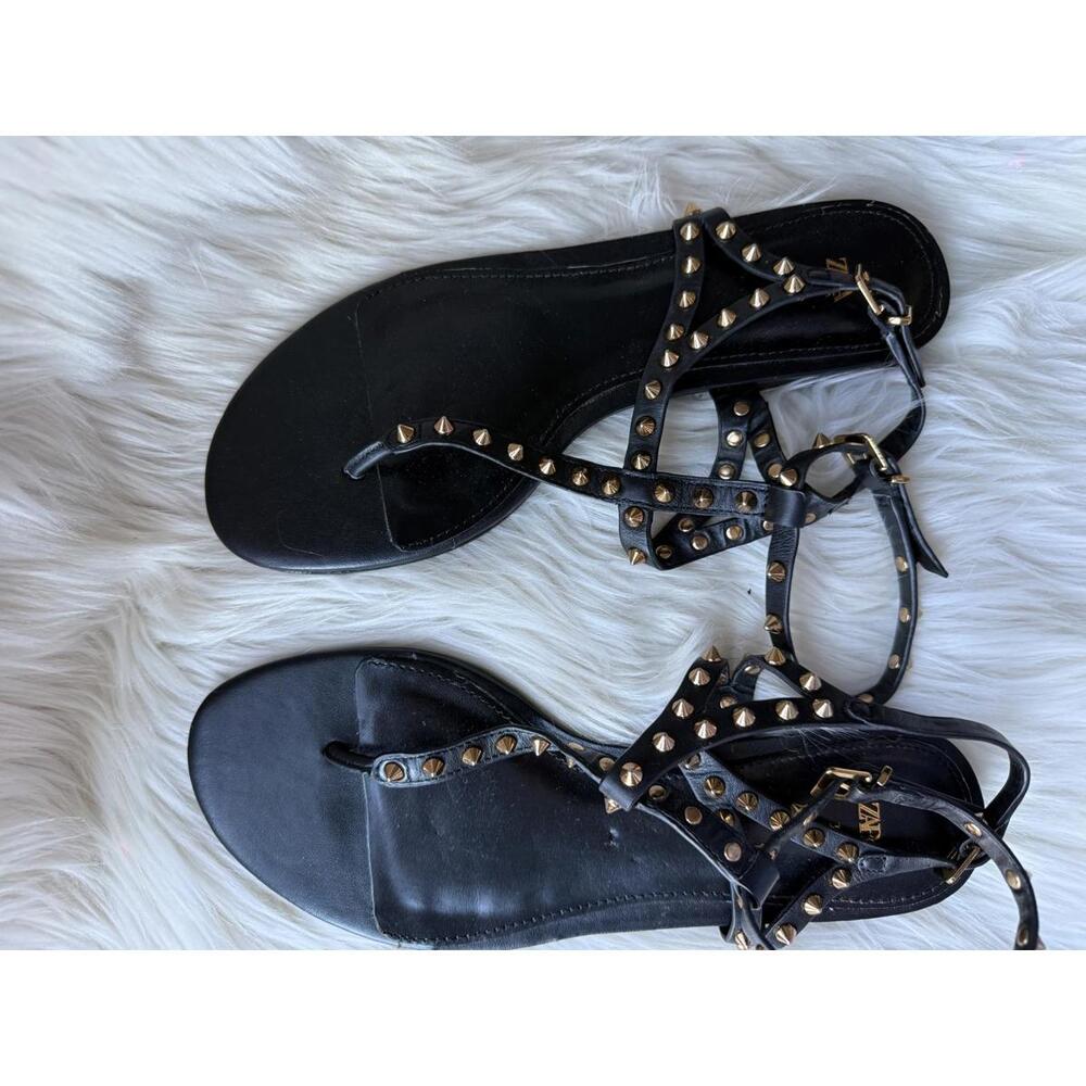 Zara Black Sandal Flats with Gold Studs